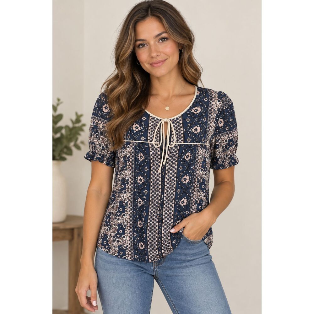 Lucky Brand Small Petite Navy Floral Boho Peasant Blouse NWT